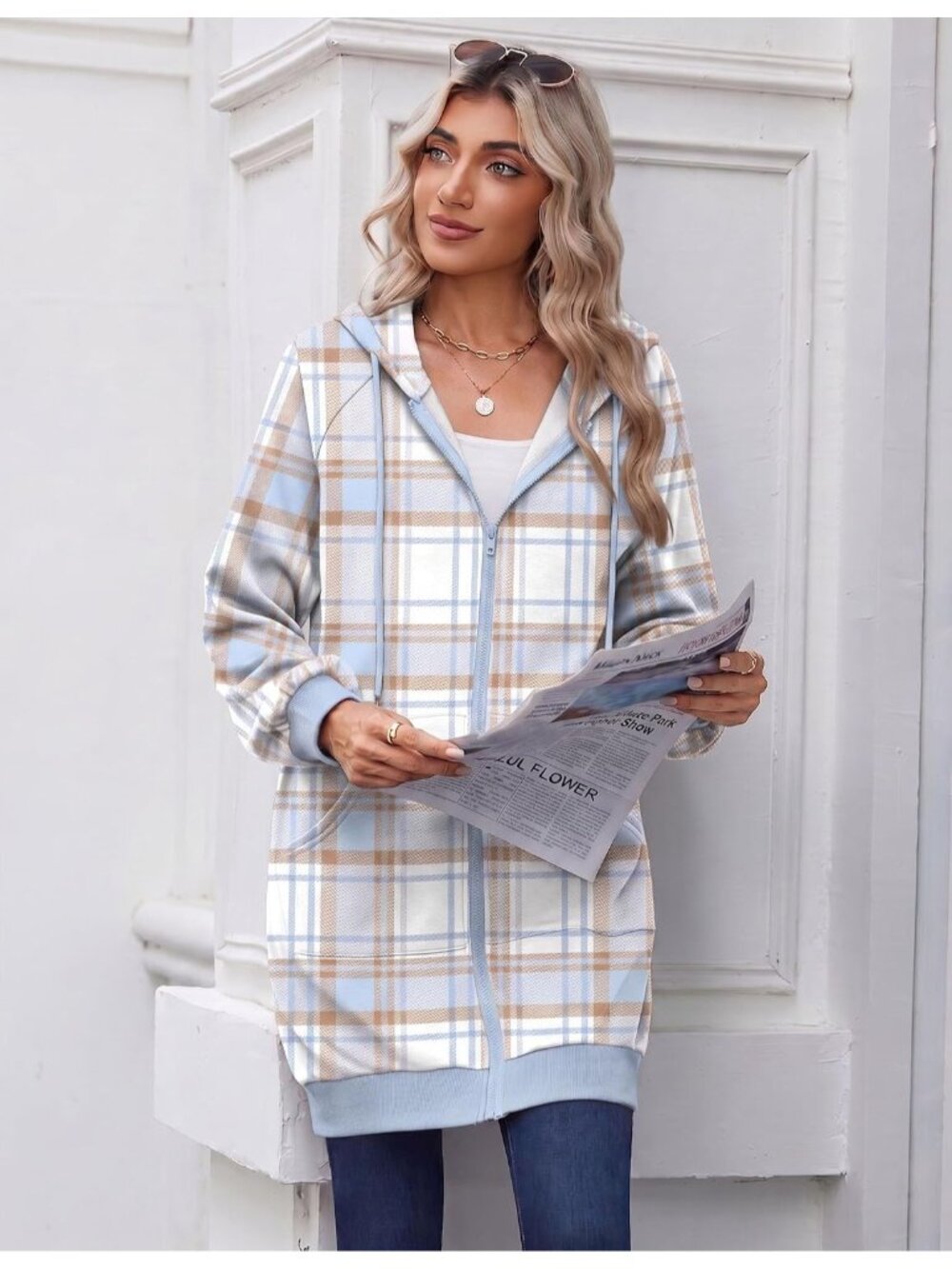 Women's White Blue Plaid Oversized Fleece Hoodie Full Zip Pocket Jacket Top - Picture 4 of 6